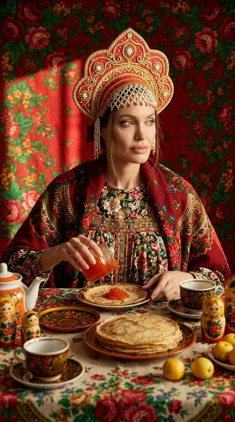 Промт масленица фотореалистичная фотосессия женщины за столом с блинами и красной икрой в русском народном костюме 8К