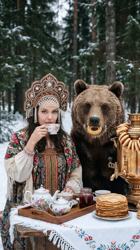 Промт зимняя сказочная фотосессия с медведем и самоваром в русском фольклорном стиле в заснеженном лесу