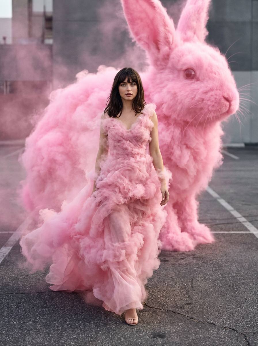 Фантазийная fashion фотосессия девушки в платье из розового дыма на парковке с сохранением лица 1:1 промт для нейросети ии