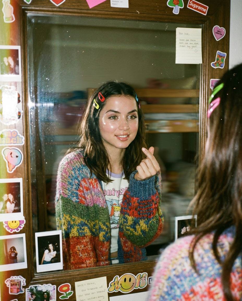 Ностальгическая lo-fi фотосессия девушки в зеркале в стиле 90-х — промт для генерации фото через ИИ и нейросеть