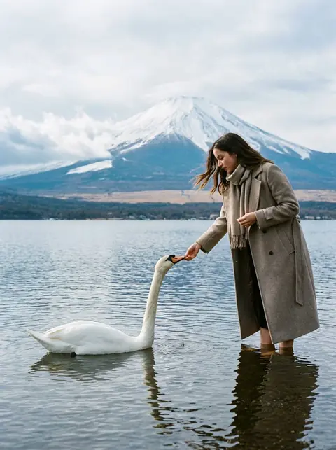 Промт премиальная travel ИИ фотосессия у озера с горой Фудзи и белым лебедем в пленочном стиле