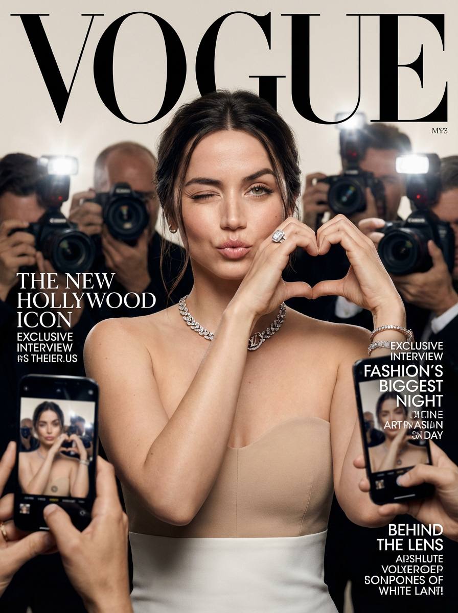 Промт реалистичная Vogue ИИ обложка с модным портретом, подмигиванием и жестом сердечко среди камер и смартфонов