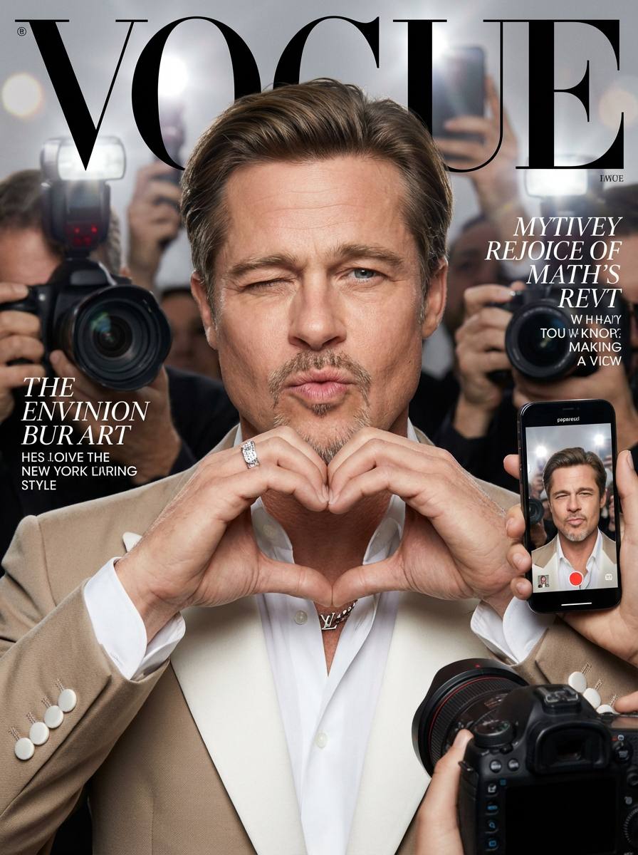 Промт реалистичная мужская Vogue ИИ обложка с модным портретом, подмигиванием и жестом сердечко среди камер