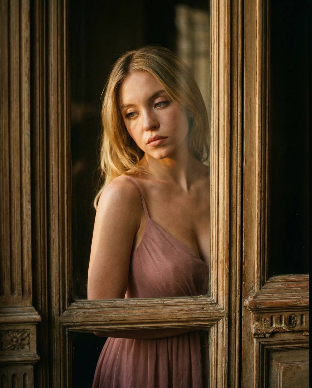 Промт кинематографичная high-end ИИ фотосессия за винтажной дверью с мягким светом и розовым платьем