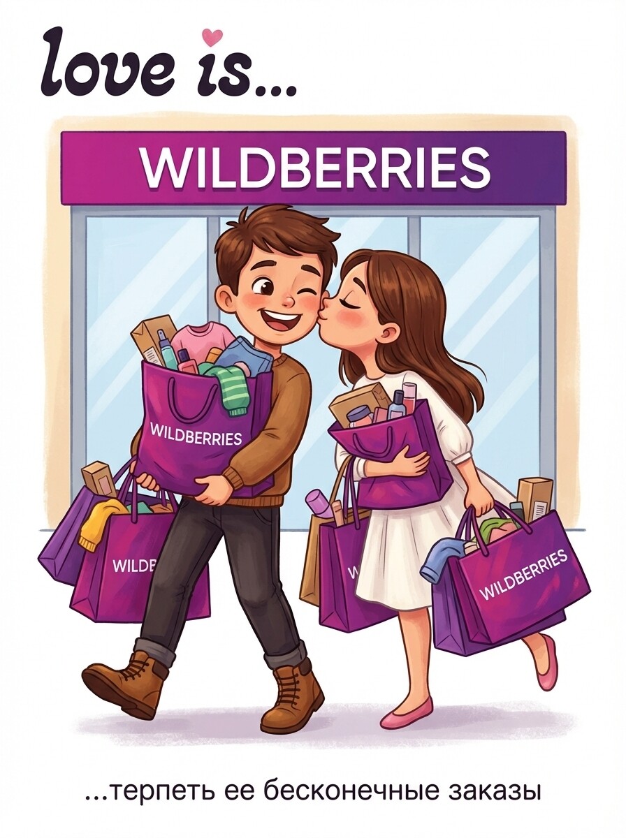 Фотосессия Love is с пакетами Wildberries промтом для пары из пункта выдачи