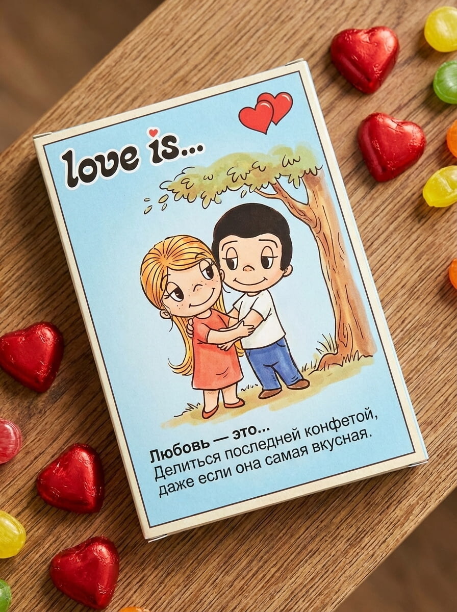 Фотосессия вкладыш Love is промтом с вашей парой на деревянном столе