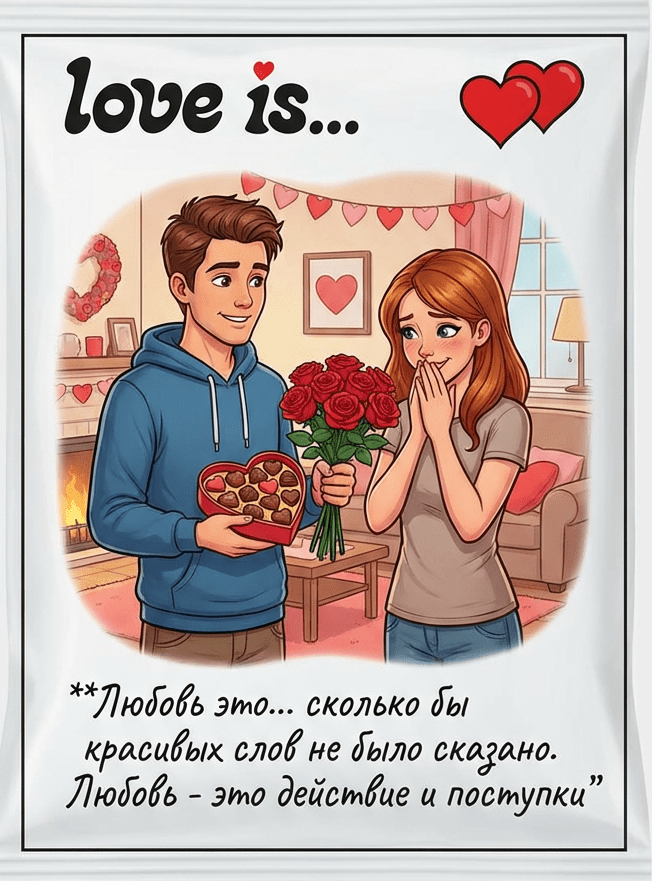 Фотосессия винтажный вкладыш Love is промтом про шоколад и красные розы