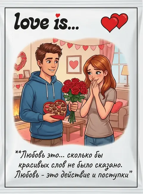 Фотосессия винтажный вкладыш Love is промтом про шоколад и красные розы