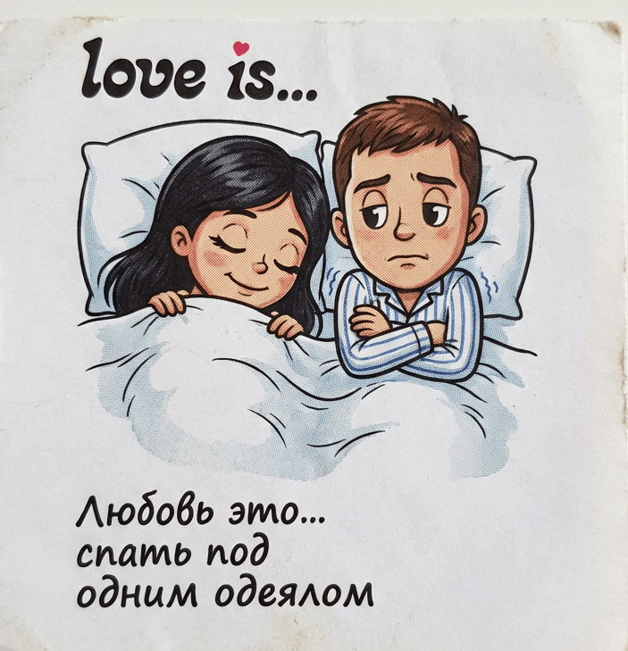 Фотосессия винтажный вкладыш Love is промтом про сон под одним одеялом