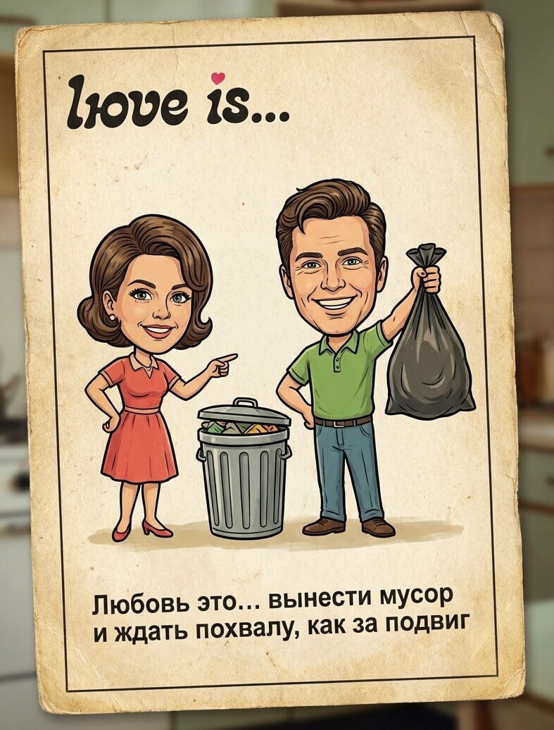 Фотосессия винтажный вкладыш Love is промтом про мусор и похвалу за подвиг