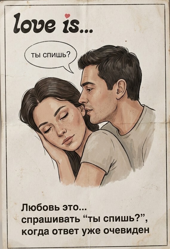 Фотосессия винтажный вкладыш Love is промтом про «ты спишь?» ночью