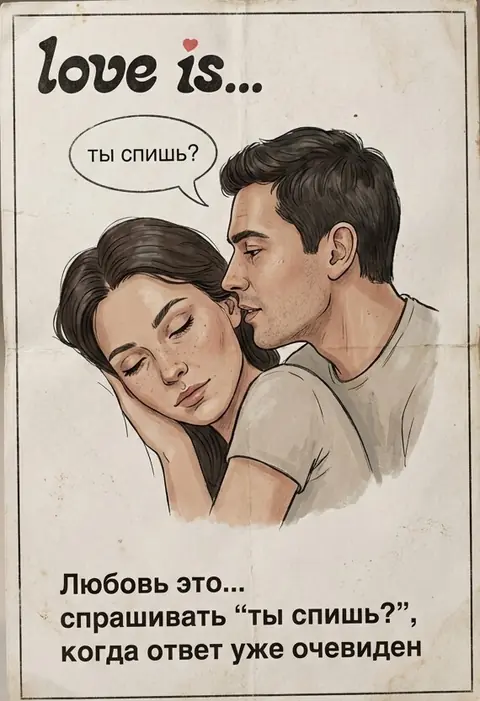 Фотосессия винтажный вкладыш Love is промтом про «ты спишь?» ночью