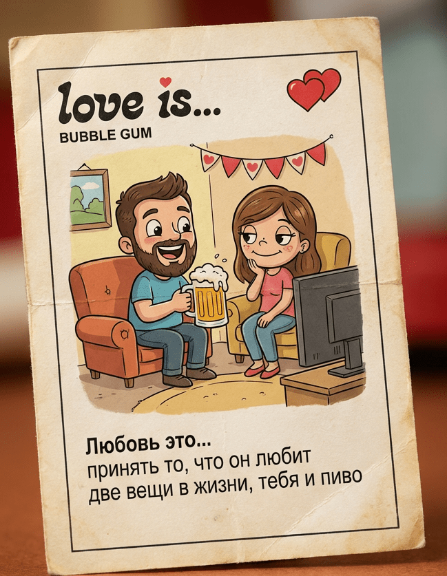 Фотосессия винтажный вкладыш Love is промтом про него, тебя и пиво