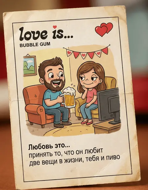 Фотосессия винтажный вкладыш Love is промтом про него, тебя и пиво