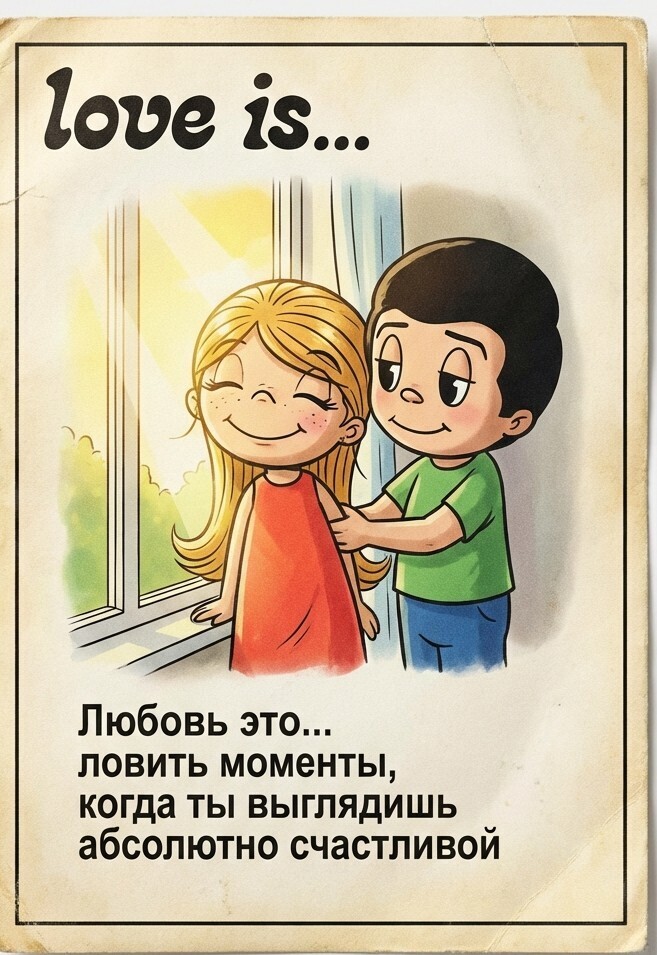 Гиперреалистичный винтажный вкладыш жвачки Love is с парой по фото промт для ИИ