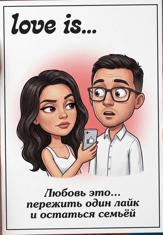 Фотосессия винтажный вкладыш Love is промтом про подозрительный лайк и семью