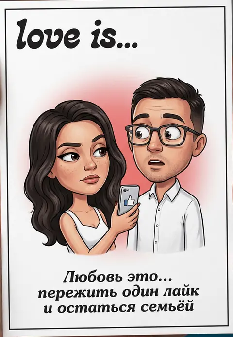 Фотосессия винтажный вкладыш Love is промтом про подозрительный лайк и семью