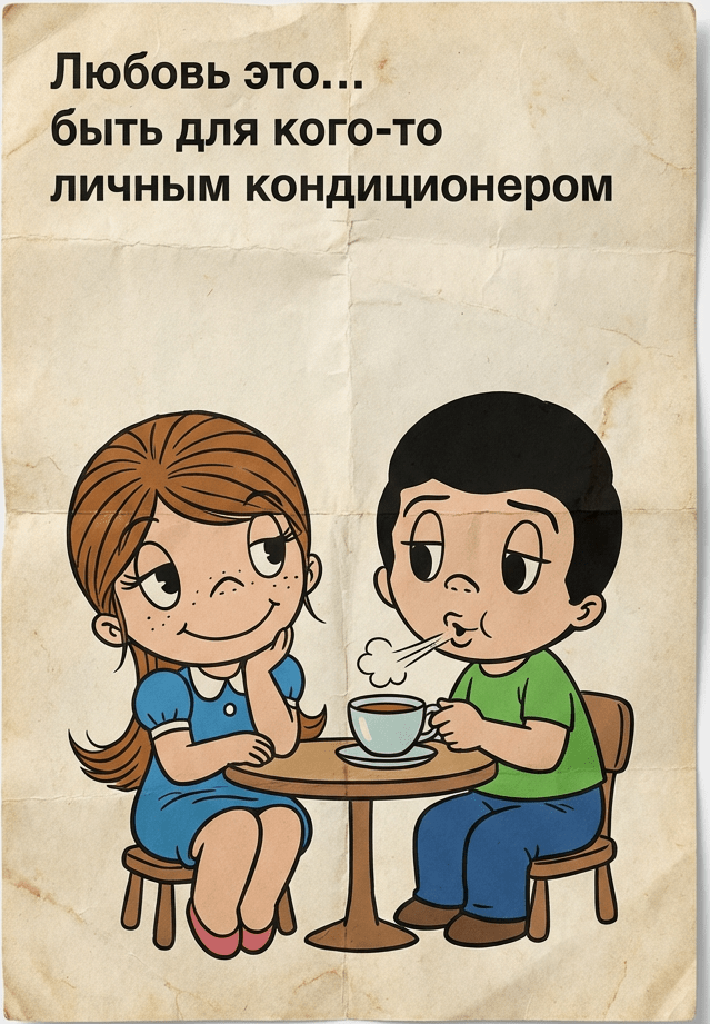 Вкладыш Love is с чаем и шуткой про кондиционер — промт для генерации фото