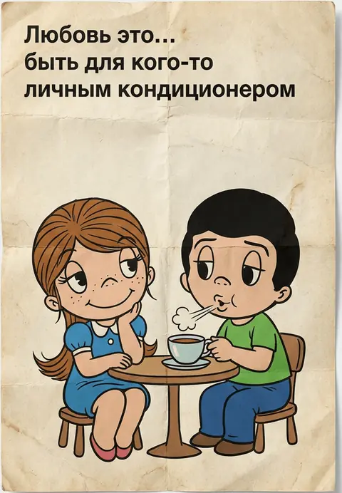 Вкладыш Love is с чаем и шуткой про кондиционер — промт для генерации фото