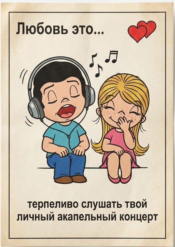 Вкладыш Love is с акапельным концертом в наушниках — промт для генерации фото