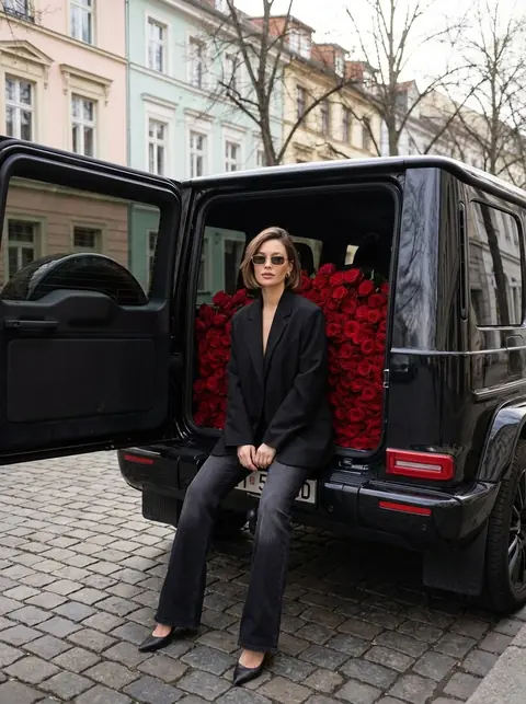 Промт для нейросети: девушка в чёрном костюме на багажнике Mercedes с красными розами на европейской улице