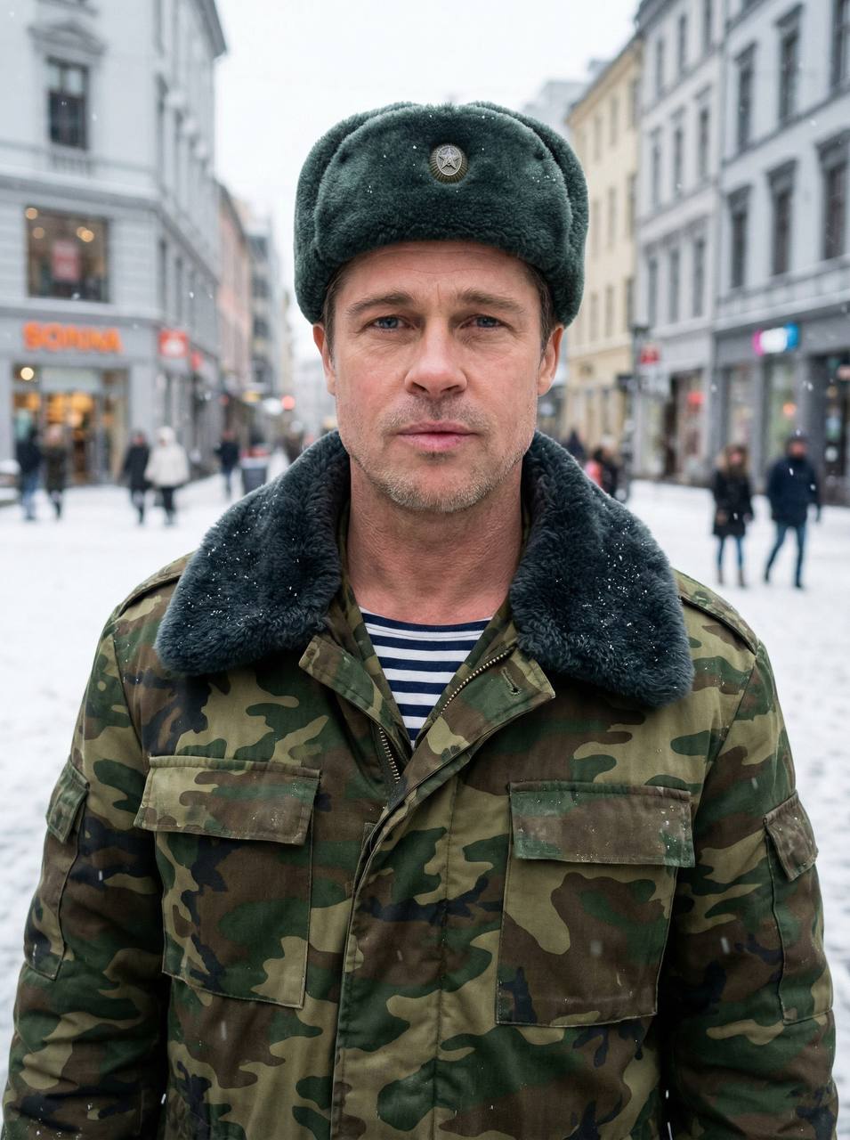 Промт молодой мужчина в зимней военной одежде на городской площади через нейросеть и ИИ
