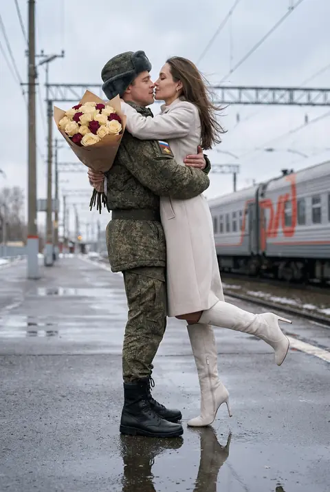 Промт трогательная встреча на перроне зимой: фото через ии с загруженными лицами военного и девушки в поцелуе