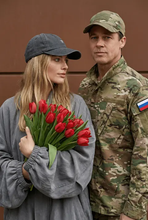 Промт девушка с красными тюльпанами и военный в мультикаме: фото через ии с загруженными лицами на тёплом коричневом фоне