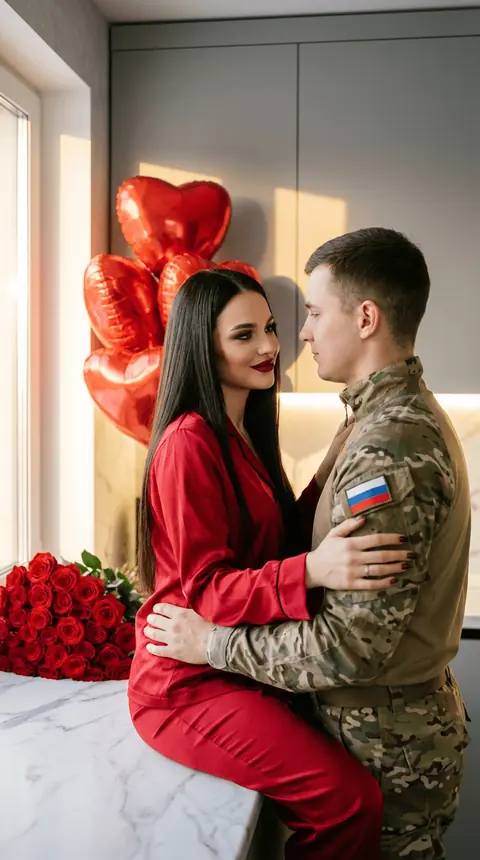 Романтический промт к 23 февраля: мужчина в форме и девушка в красной пижаме на кухне в стиле плёнки
