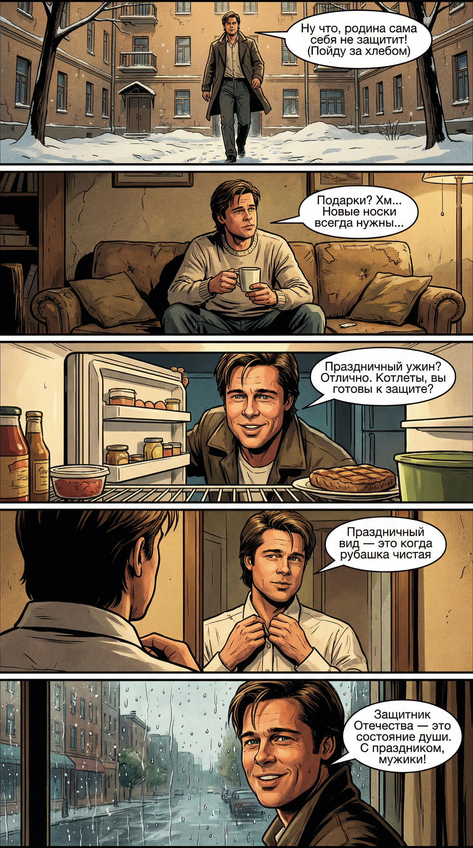Комикс-промт к 23 февраля: коллаж из пяти кадров про мужчину, уют, юмор и праздник без пафоса
