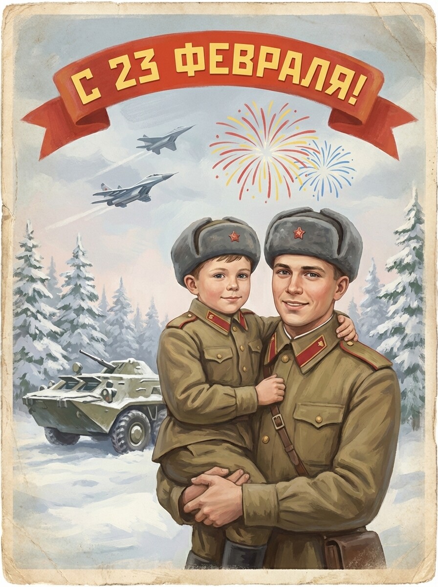 Промт ретро-открытка отец и сын к 23 февраля: молодой военный с мальчиком на руках в зимнем пейзаже