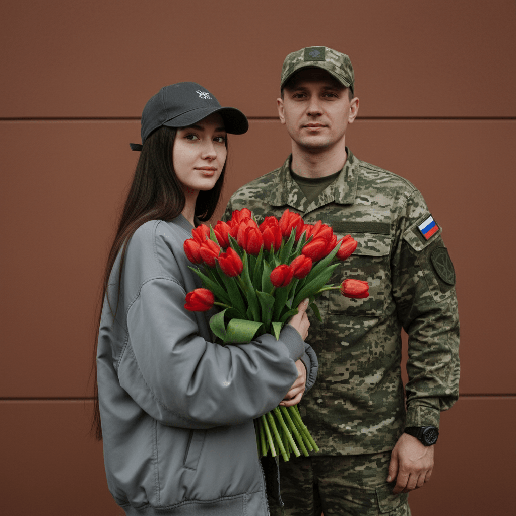 Промт на 23 февраля: мужчина в форме рядом с женщиной с тюльпанами, тихая нежная сцена, генерация фото через ИИ промт