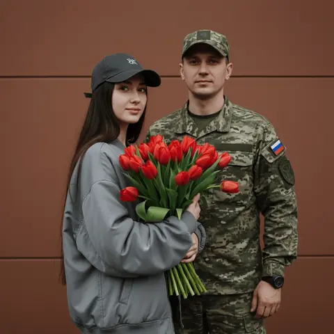 Промт на 23 февраля: мужчина в форме рядом с женщиной с тюльпанами, тихая нежная сцена, генерация фото через ИИ промт