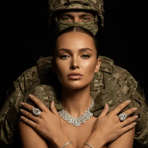 Промт с женщиной в украшениях и мужчиной в форме «мультикам» для генерации фото через ИИ на чёрном фоне промт