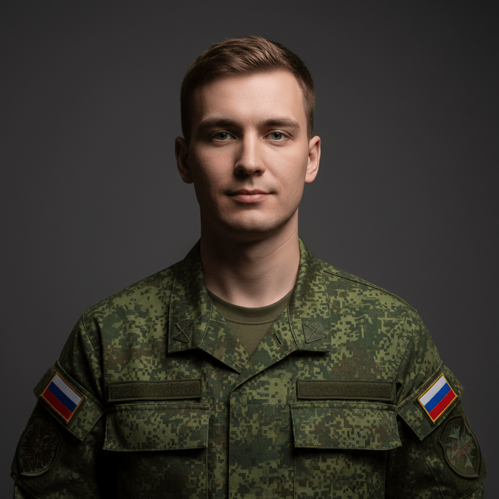Промт студийное фото мужчины в камуфляжной форме с флагом России для генерации фото через ИИ без ретуши промт