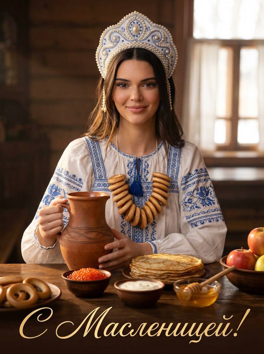 Промт на Масленицу: девушка за деревенским столом с блинами и самоваром для генерации фото через ИИ