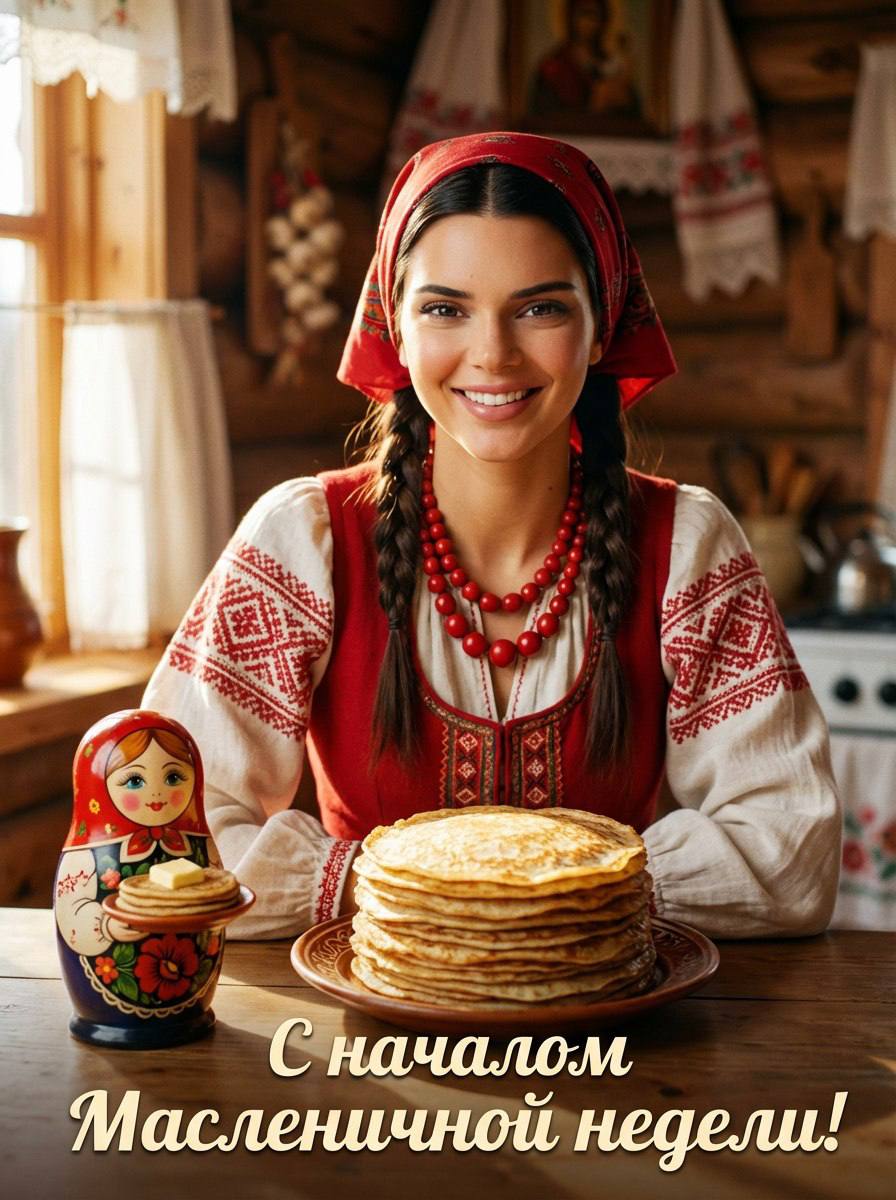 Промт на Масленицу: тёплая деревенская кухня с блинами и девушкой в русском народном образе с надписью «С началом Масленичной недели!»