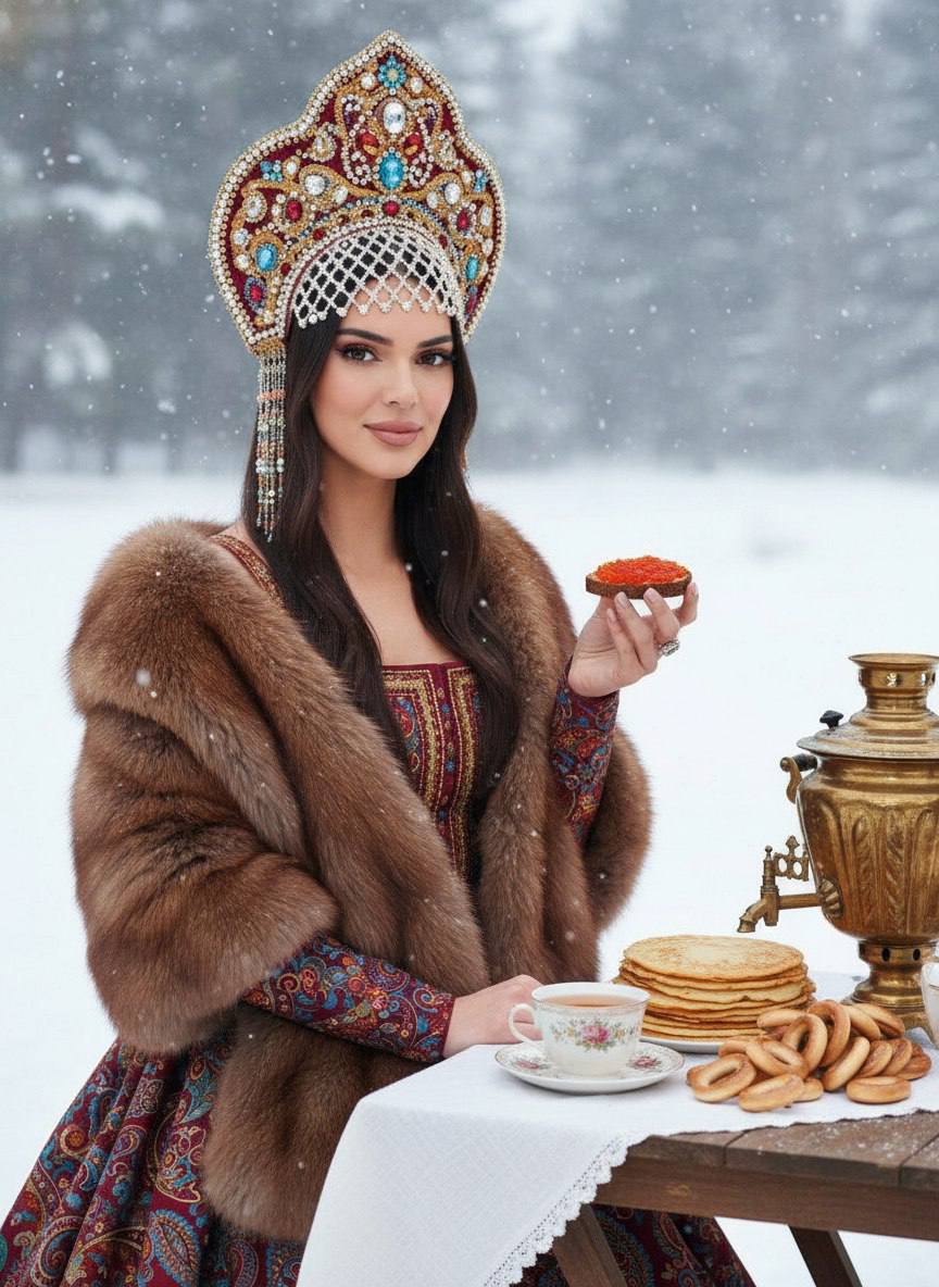 Промт на Масленицу: зимняя русская красавица у стола с блинами, самоваром и икрой в сугробах для генерации фото через ии