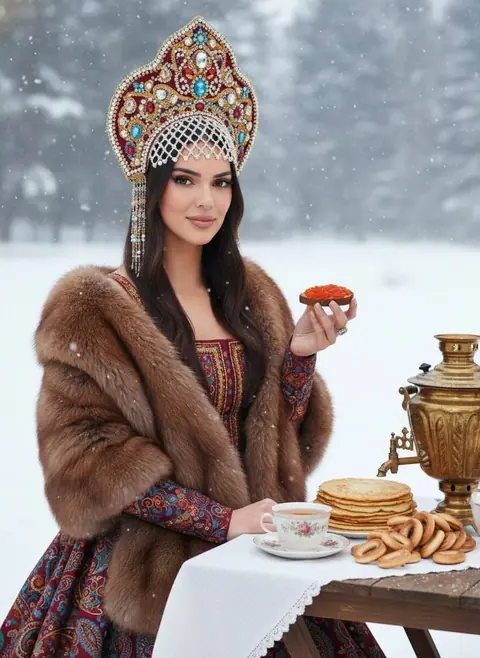Промт на Масленицу: зимняя русская красавица у стола с блинами, самоваром и икрой в сугробах для генерации фото через ии