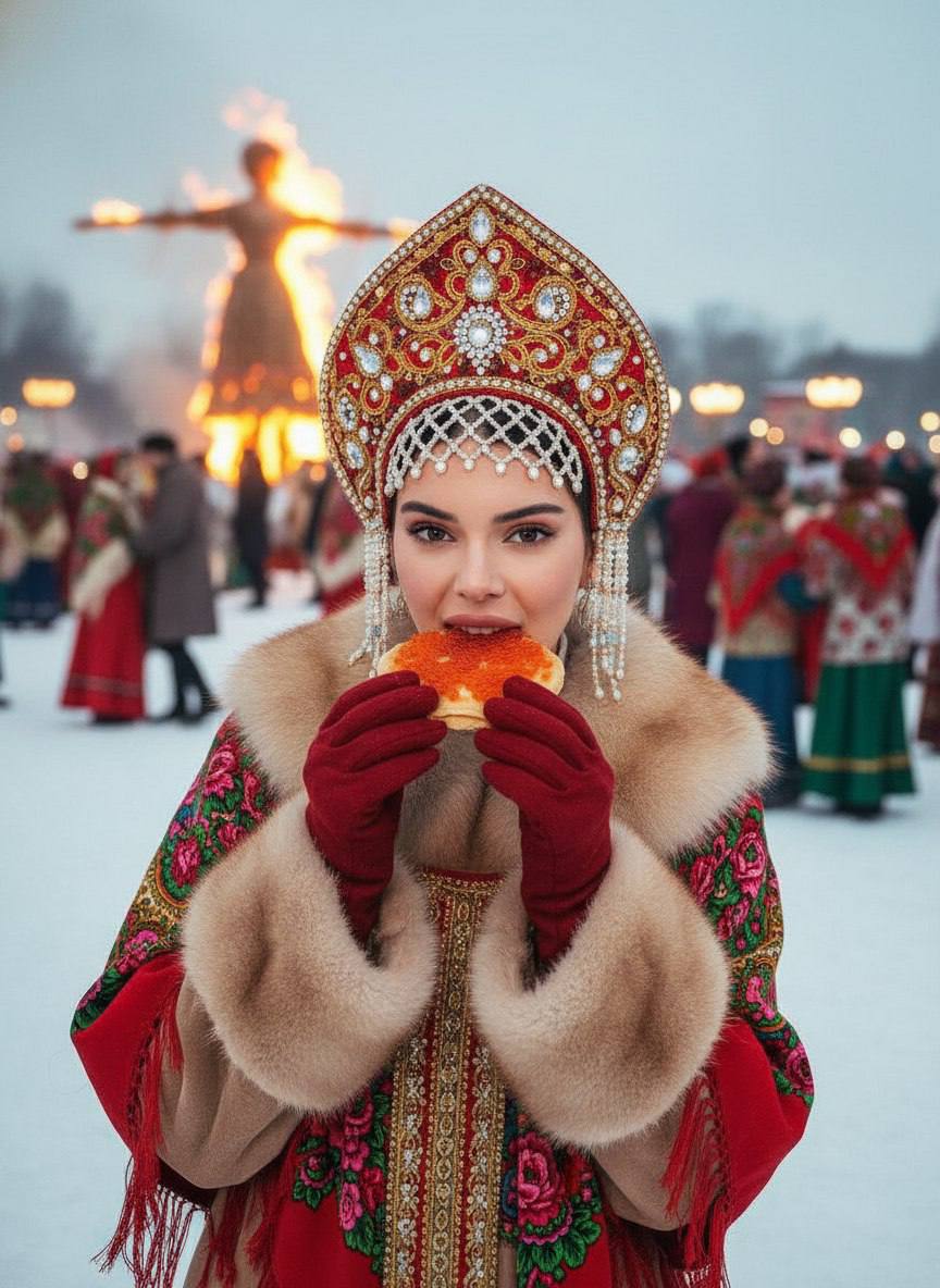 Промт на Масленицу: девушка ест блин с красной икрой на зимнем празднике с сожжением чучела Масленицы для генерации фото через ии