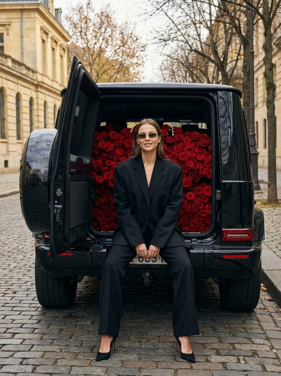 Промт для ИИ: женщина в черном костюме на багажнике Mercedes с розами в европейском городе