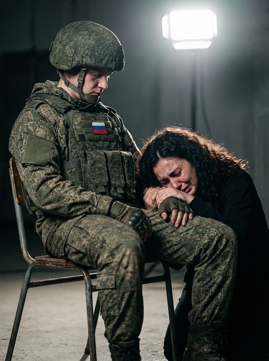 Солдат и плачущая женщина у его ног в драматическом свете промт для нейросети