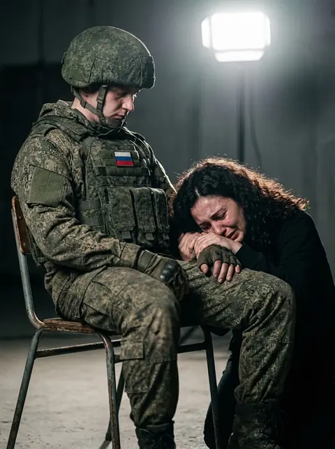 Солдат и плачущая женщина у его ног в драматическом свете промт для нейросети
