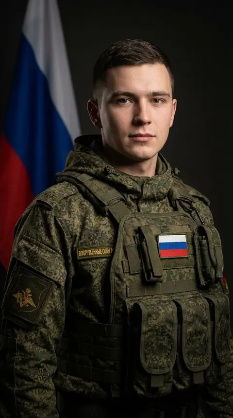 Молодой военный в студии с флагом России реалистичное фото промт для нейросети