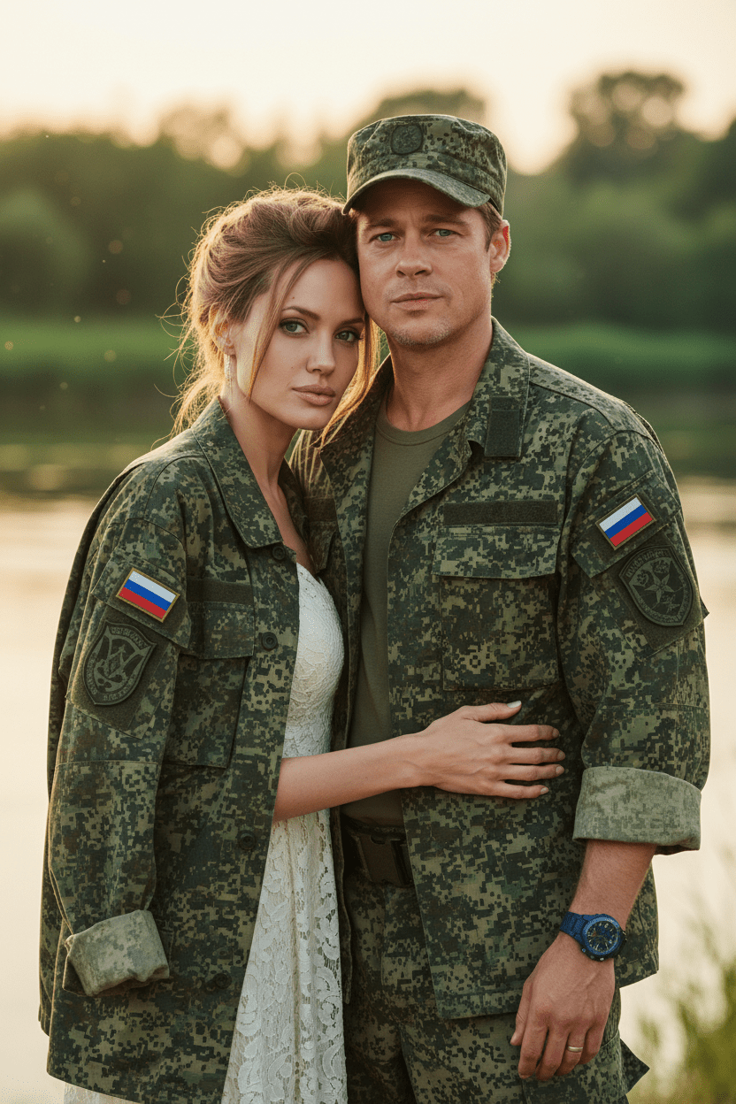 Пара на закате у реки военный в цифровом камуфляже и девушка в кружевном платье промт для нейросети
