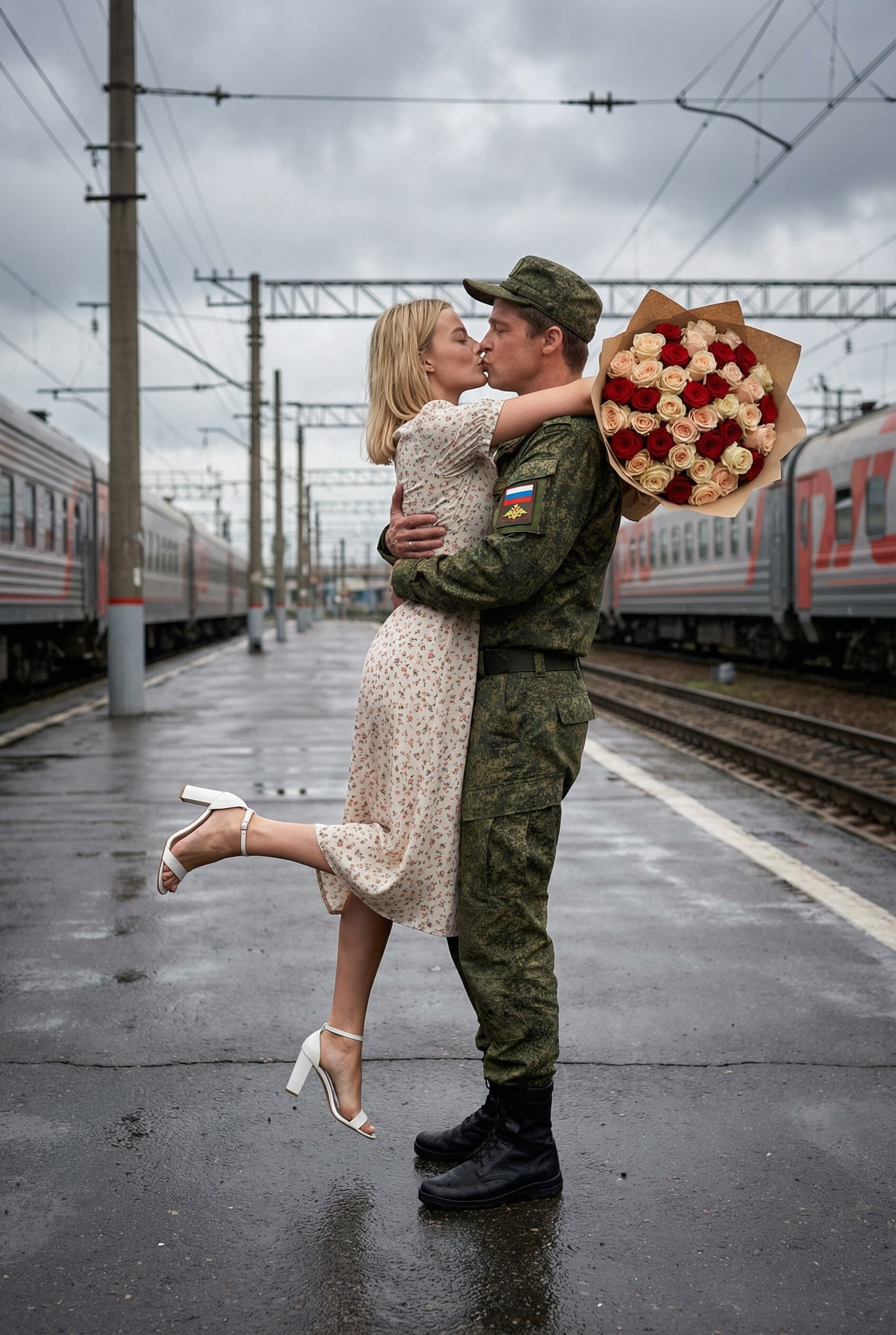 Встреча военного и девушки с поцелуем на железнодорожном вокзале под пасмурным небом промт для нейросети