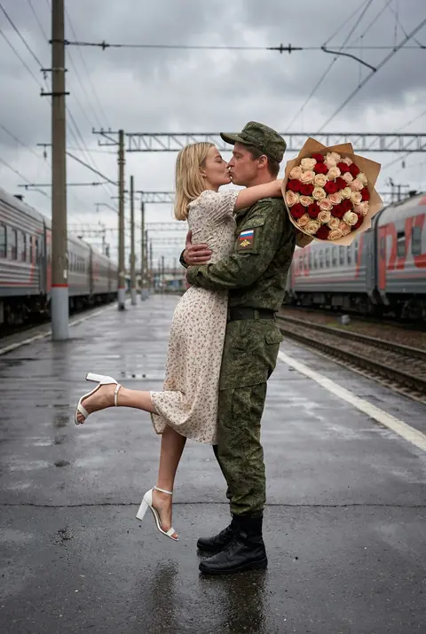 Встреча военного и девушки с поцелуем на железнодорожном вокзале под пасмурным небом промт для нейросети
