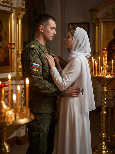 Военный в храме и женщина в белом платье со свечами и иконами за спиной промт для нейросети