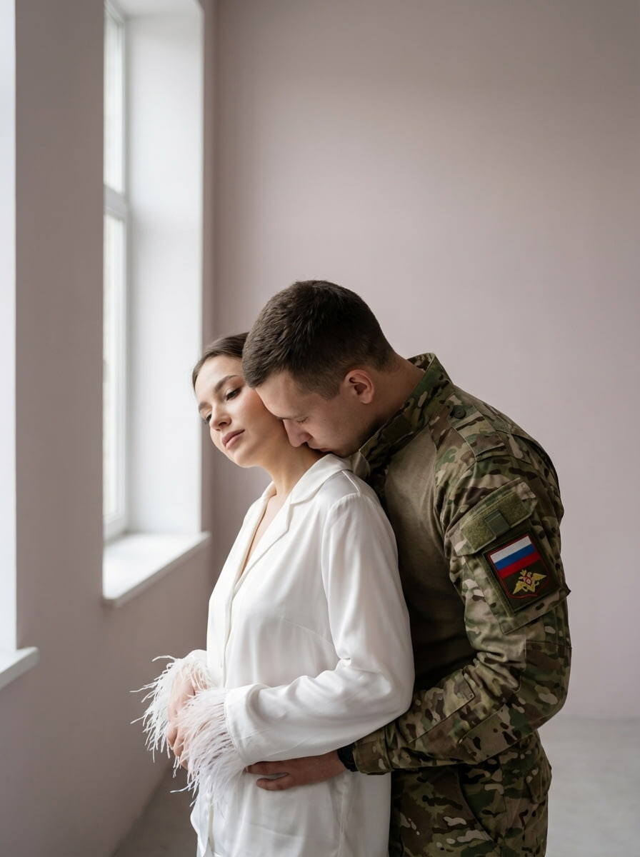 Интимные объятия девушки в белой шелковой блузке с перьями и военного в форме России мультикам в стиле тихой роскоши промт для нейросети