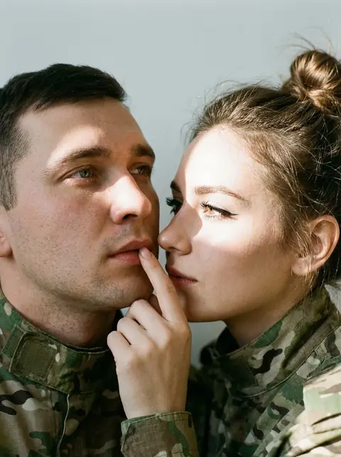 Экстремально крупный план военного и девушки в форме России мультикам с полосой солнечного света на лицах промт для нейросети
